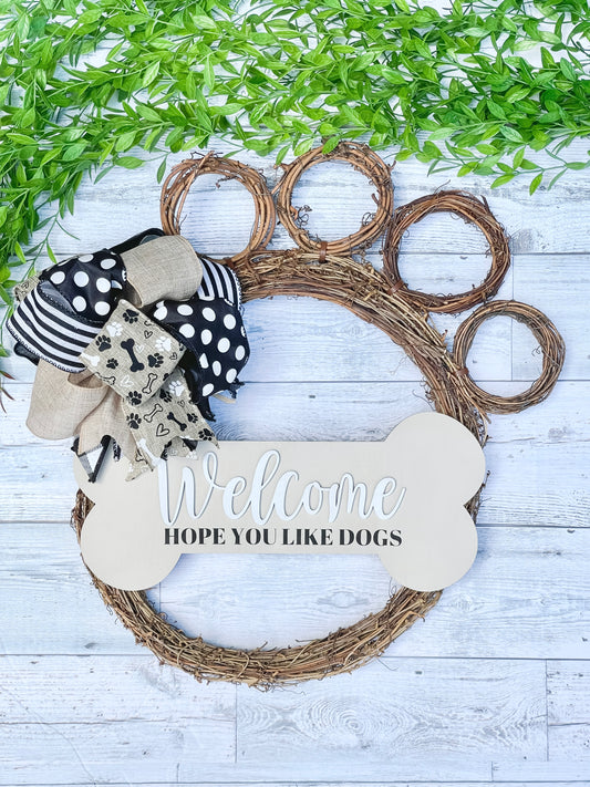 Welcome Hope You Like Dogs - Grapevine Wreath Paw Door Hanger - Door Decor - Front Porch Decorations - Entryway Wreath