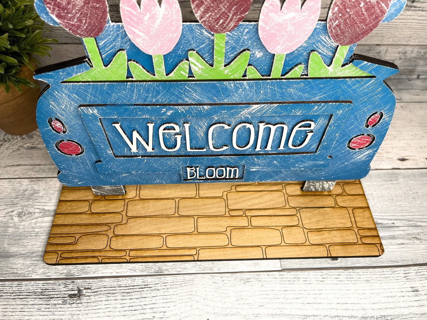3D Spring Truck Shelf Sitter - Vintage Flower Truck - Welcome Sign - Entryway Decor
