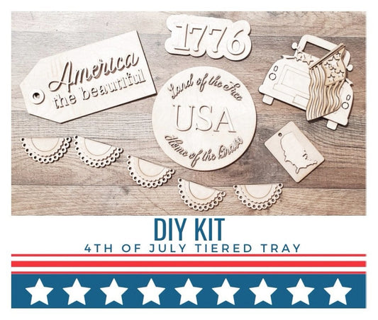 DIY 4th of July Tiered Tray - Patriotic Tier Tray Kit - Independence Day Decor - Unfinished Wood