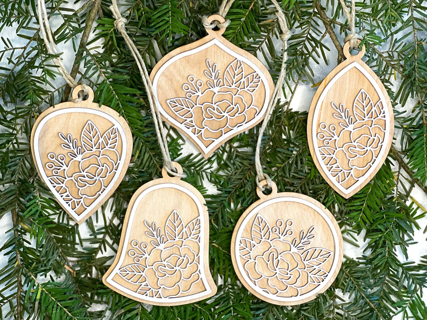 Boho Christmas Ornament - Floral Ornament Set - Christmas Tree Decorations - Natural Wood