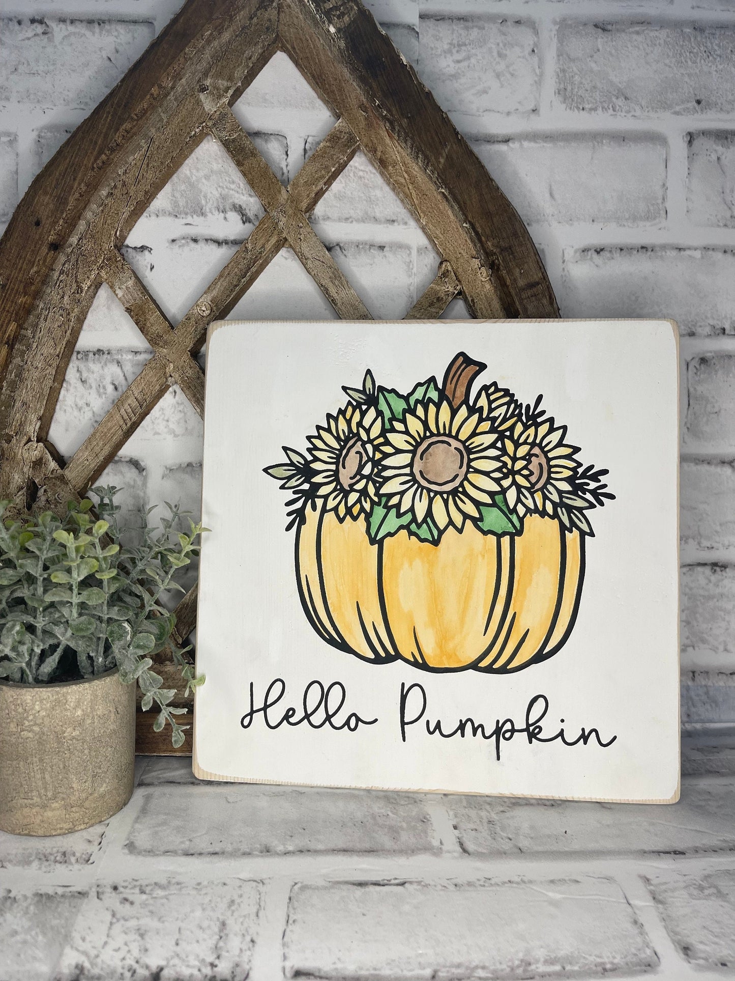 Flower Pumpkin Wood Sign - Hello Pumpkin - Sunflower Home Decor - Fall Shelf Sitter - Pumpkin Sunflower Wall Hanging