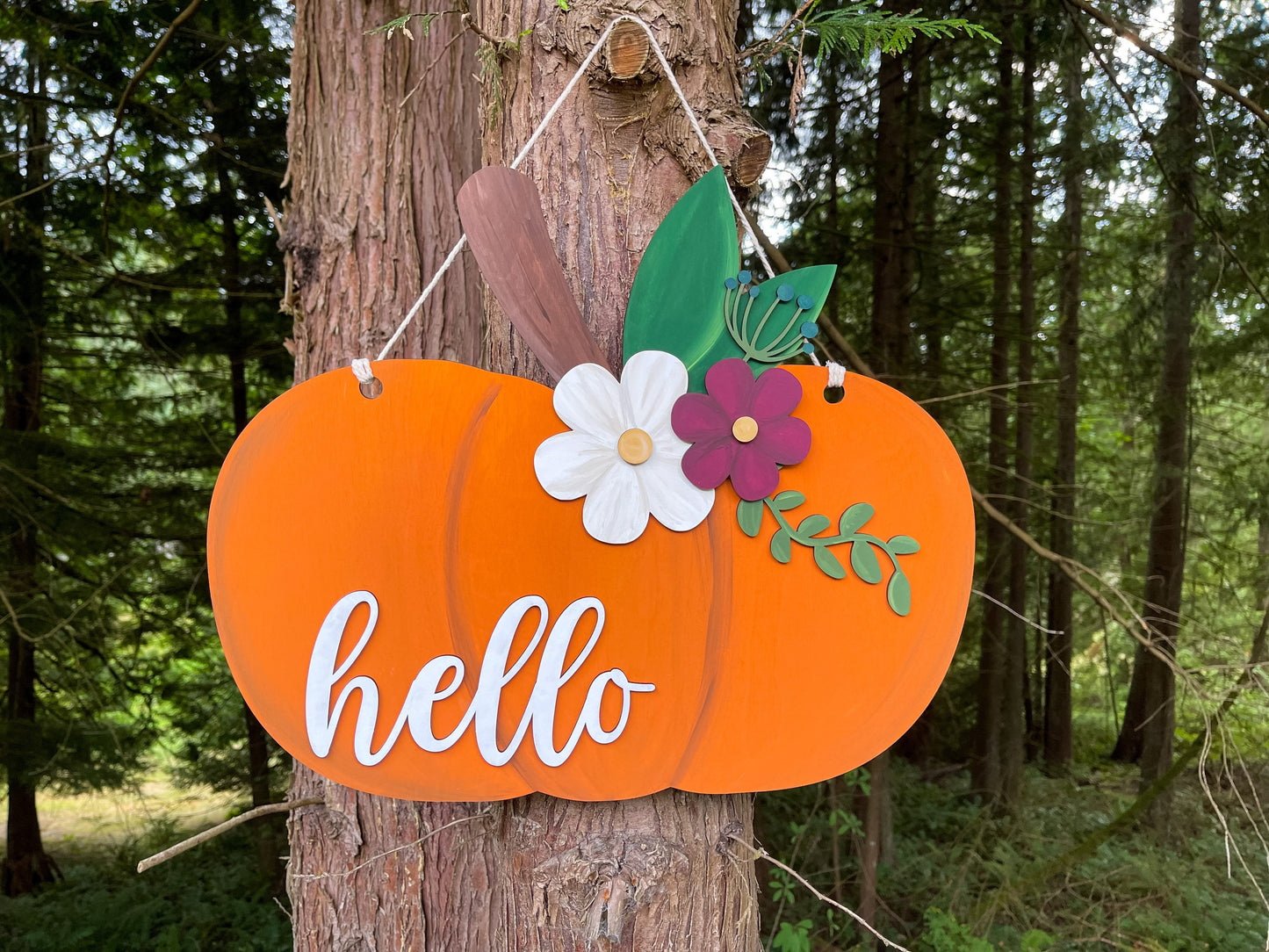 Hello Pumpkin Floral Door Hanger - Fall Door Entryway Sign -